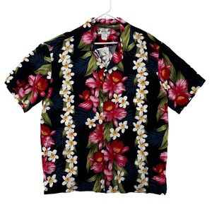 Two Palms Hawaiian Shirt Mens XL Black Rayon Floral Tropical Aloha Made Hawaii